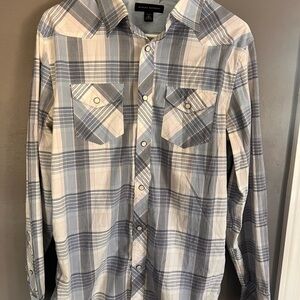 Banana Republic Men's Blue Plaid Shirt - Snap down shirt - size M - small stain